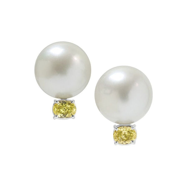 18k White Gold, South Sea Pearl and Fancy Yellow Diamond Earrings Adler's - Adler's Jewelry of New Orleans