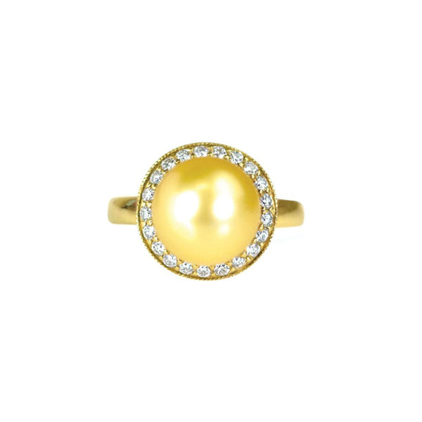 18k Yellow Gold, South Sea Golden Cultured Pearl and Diamond Ring Adler's - Adler's Jewelry of New Orleans