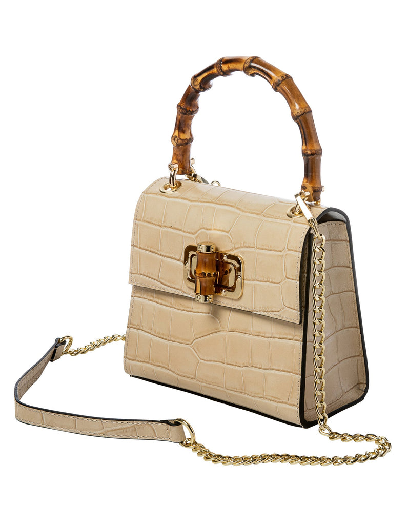 Beige Croc Embossed Bag with Bamboo Handle Adler's of New Orleans - Adler's Jewelry of New Orleans