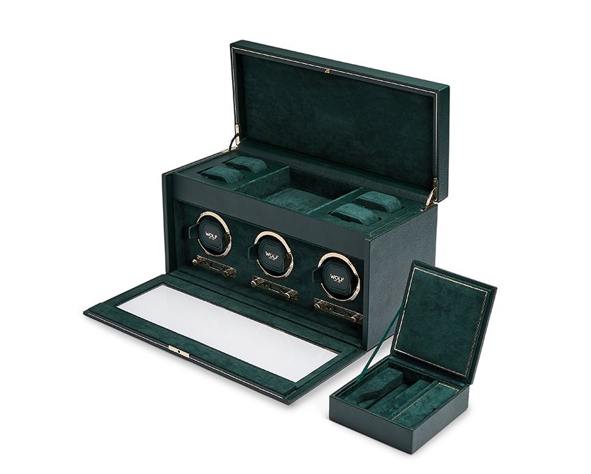 British Racing Triple Watch Winder with Storage, Green WOLF - Adler's Jewelry of New Orleans