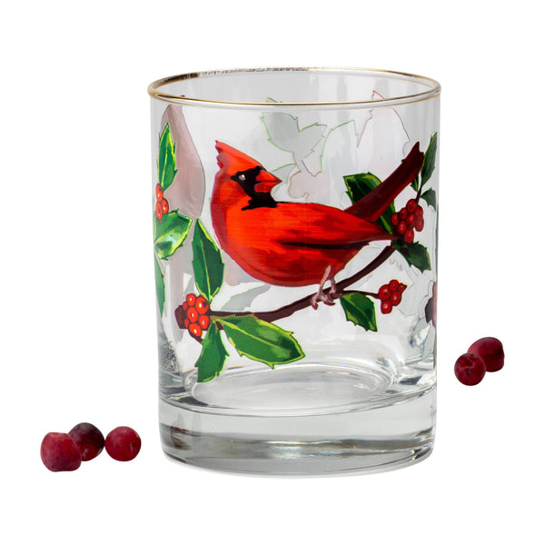 Gold Rim Cardinal and Holly Double Old Fashion Glass Adler's of New Orleans - Adler's Jewelry of New Orleans