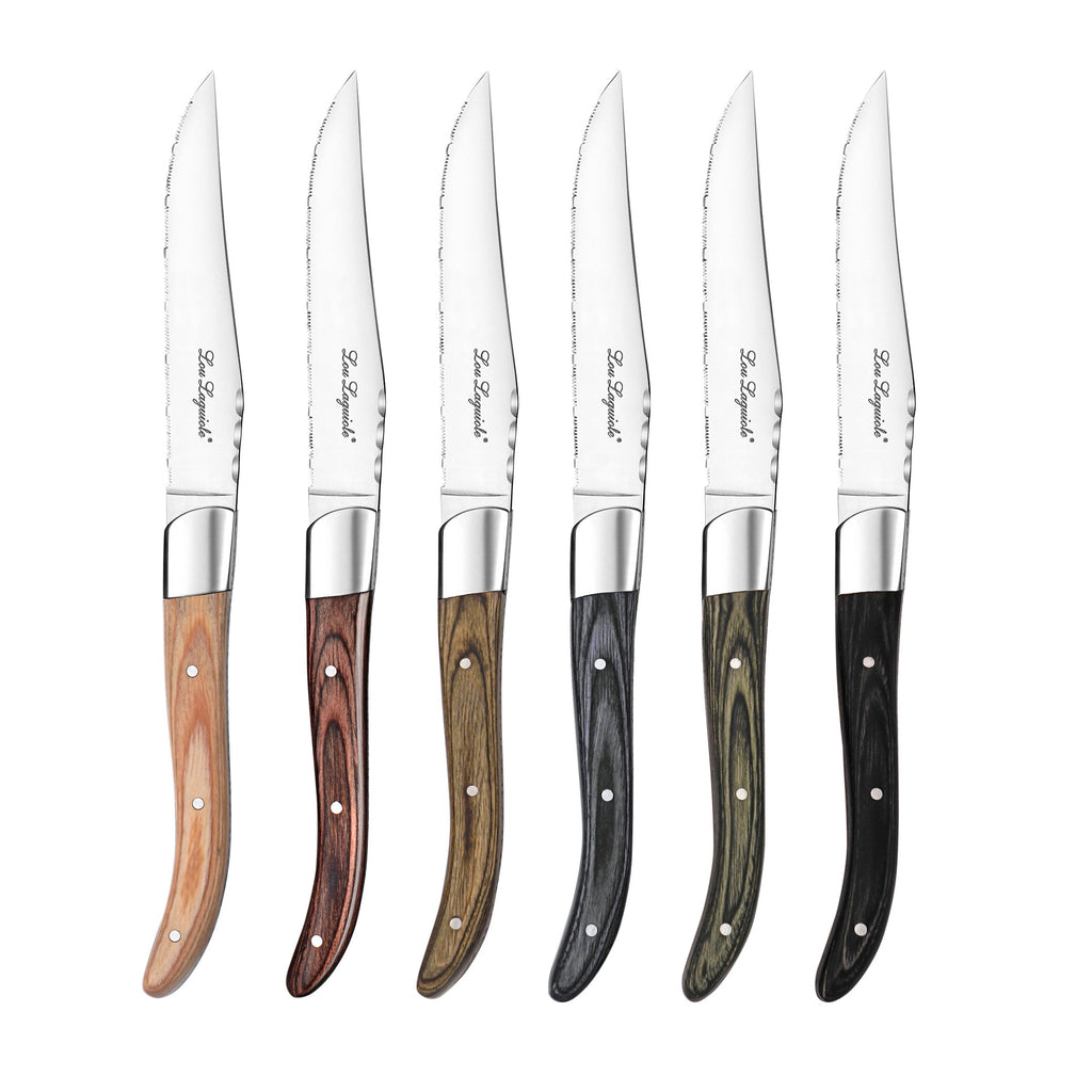 Forge de Laguiole Silver Stainless Steel Olive Wood Handle 6 Piece Steak Knife Set | Wood/Metal | Kathy Kuo Home